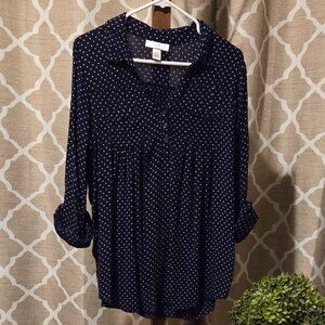 Motherhood Maternity Navy Polka Dot V Neck Tunic Blouse Top Long Sleeve